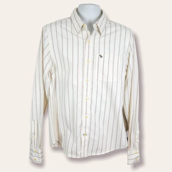 Abercrombie Mens Brown Cream Pinstripe Longsleeve Button Down Shirt Size Large - Picture 1 of 5